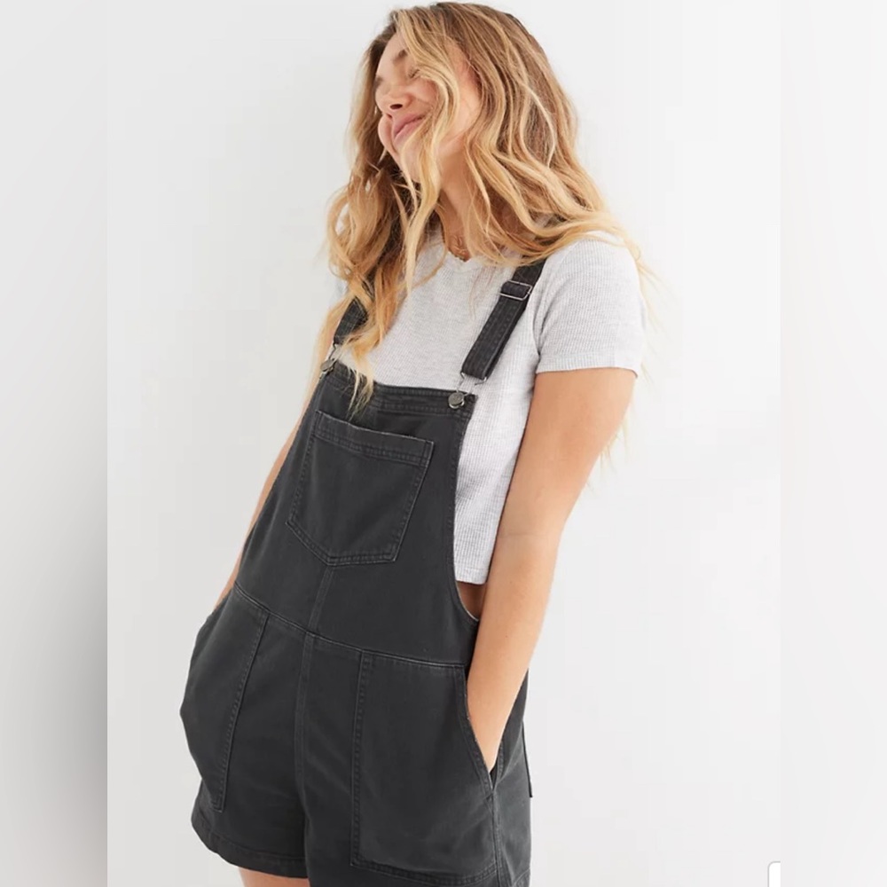 Aerie werk & play washed black short overalls